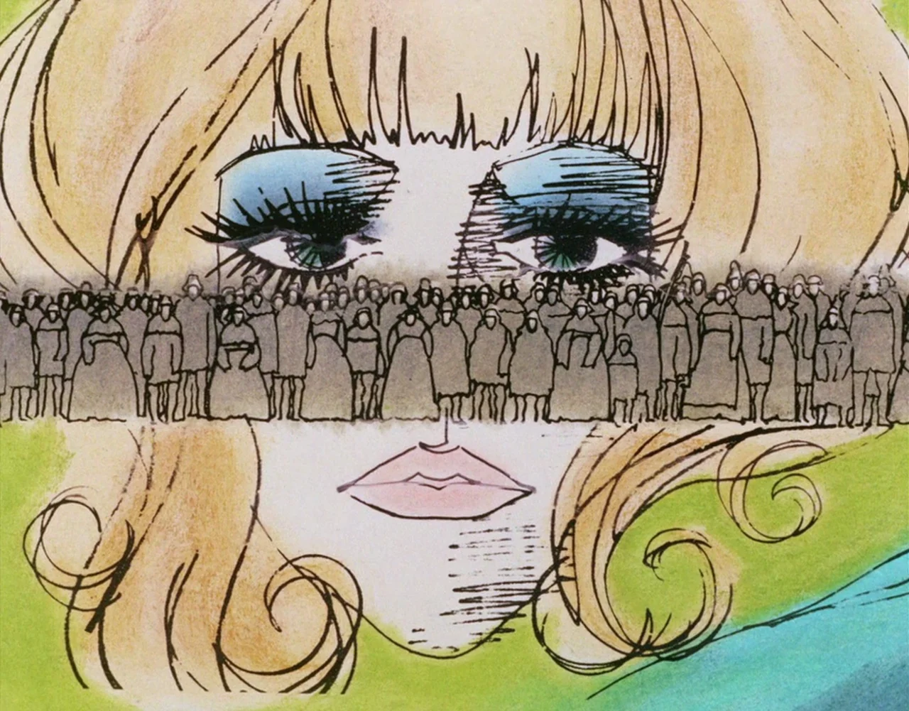 Belladonna of Sadness (1973) movie still: closeup — A stylized 2D ink and watercolor drawing depicts a woman's face. A line of small, hand-drawn…