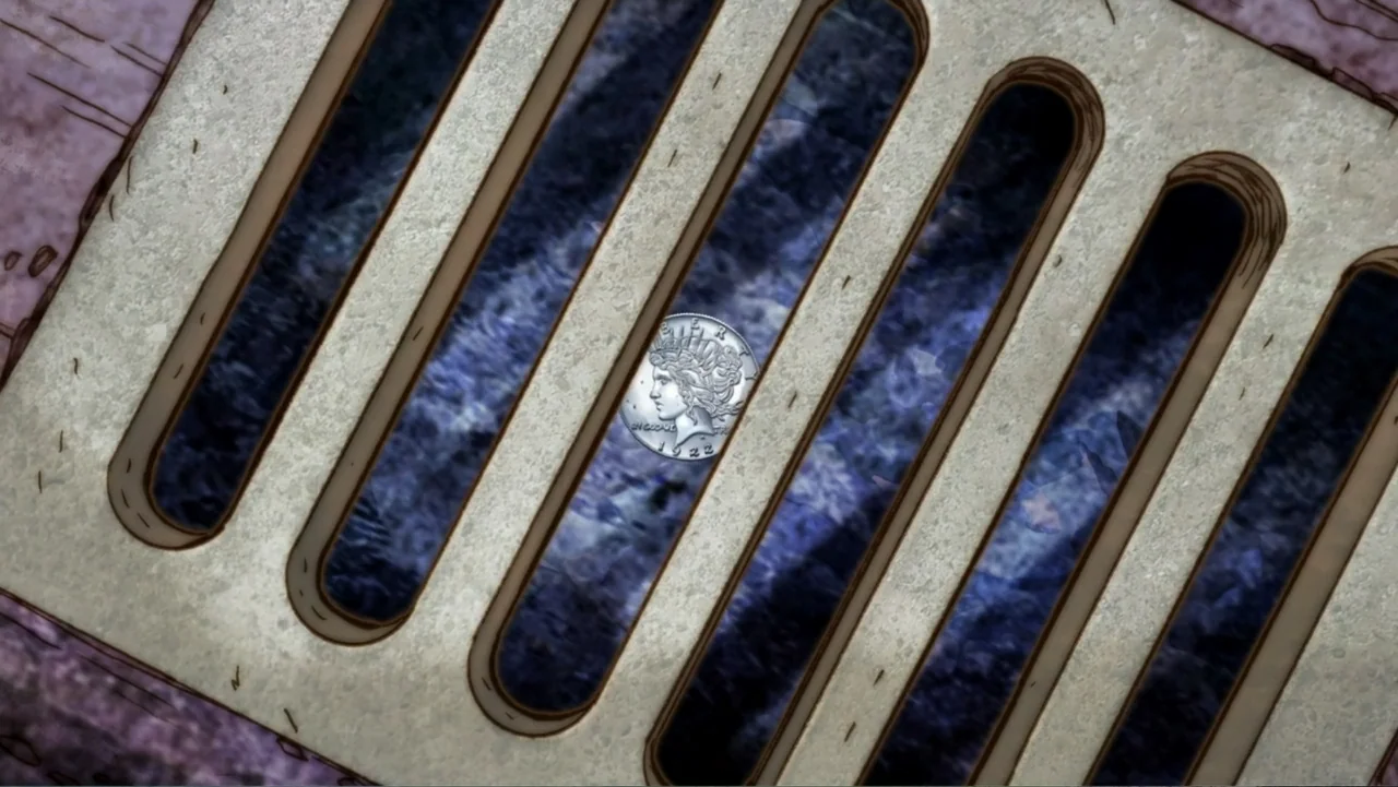 Tom and Jerry: Willy Wonka & the Chocolate Factory (2017) movie still: closeup — A close-up of a silver dollar coin resting at the bottom of a dark…