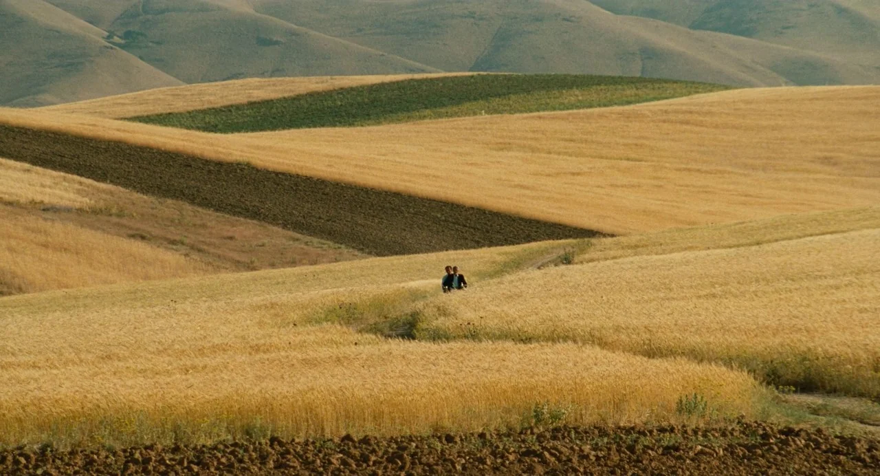 The Wind Will Carry Us (1999) movie still: wide — Expansive rolling hills of golden wheat fields stretch toward a mountainous distant horizon. Two…