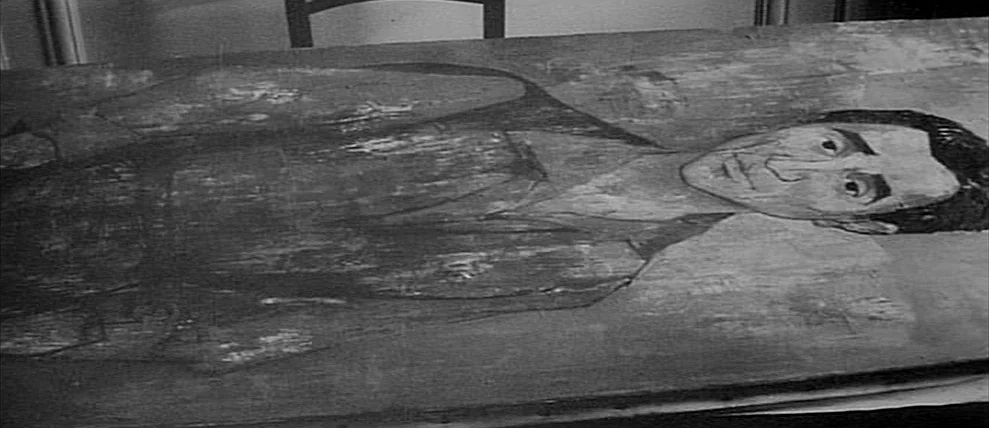Shoot The Piano Player (Tirez Sur Le Pianiste) (1960) movie still: closeup — A textured oil painting depicting a human face lies flat on a dark…