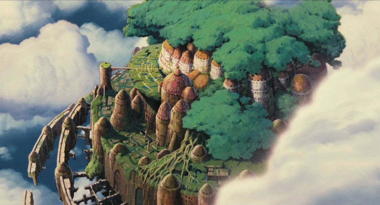 Castle in the Sky (1986) movie still: establishing — A large floating island structure is covered in dense trees and stone dome buildings. Thick…