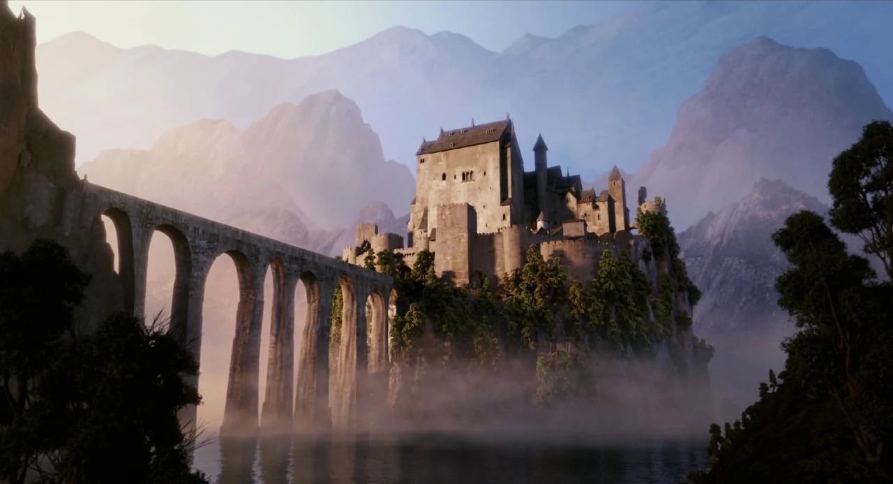 Hotel Transylvania movie still: establishing — A stone castle sits atop a cliffside overlooking a water-filled ravine with thick fog. An arched…
