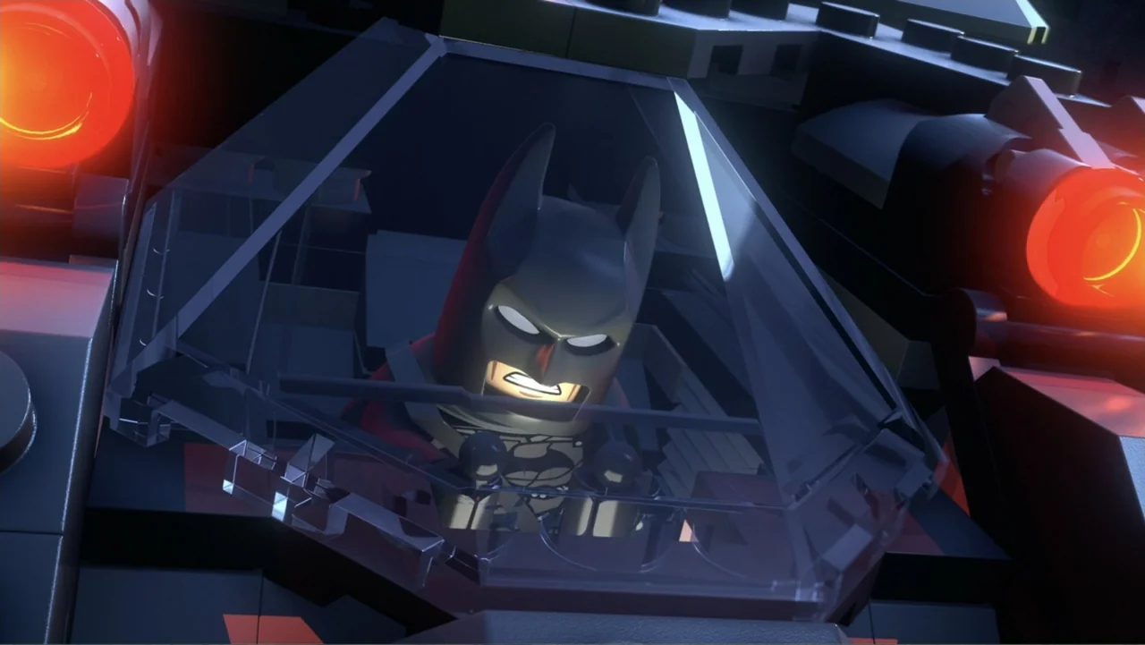LEGO DC Batman: Family Matters (2019) movie still: medium — A plastic brick-built cockpit interior is surrounded by dark exterior surroundings at…