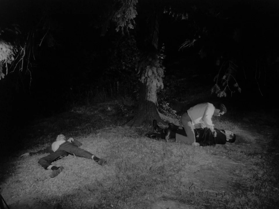Night of the Living Dead (1968) movie still: wide — A dark clearing under heavy tree cover features a grassy ground with three men. One man kneels…