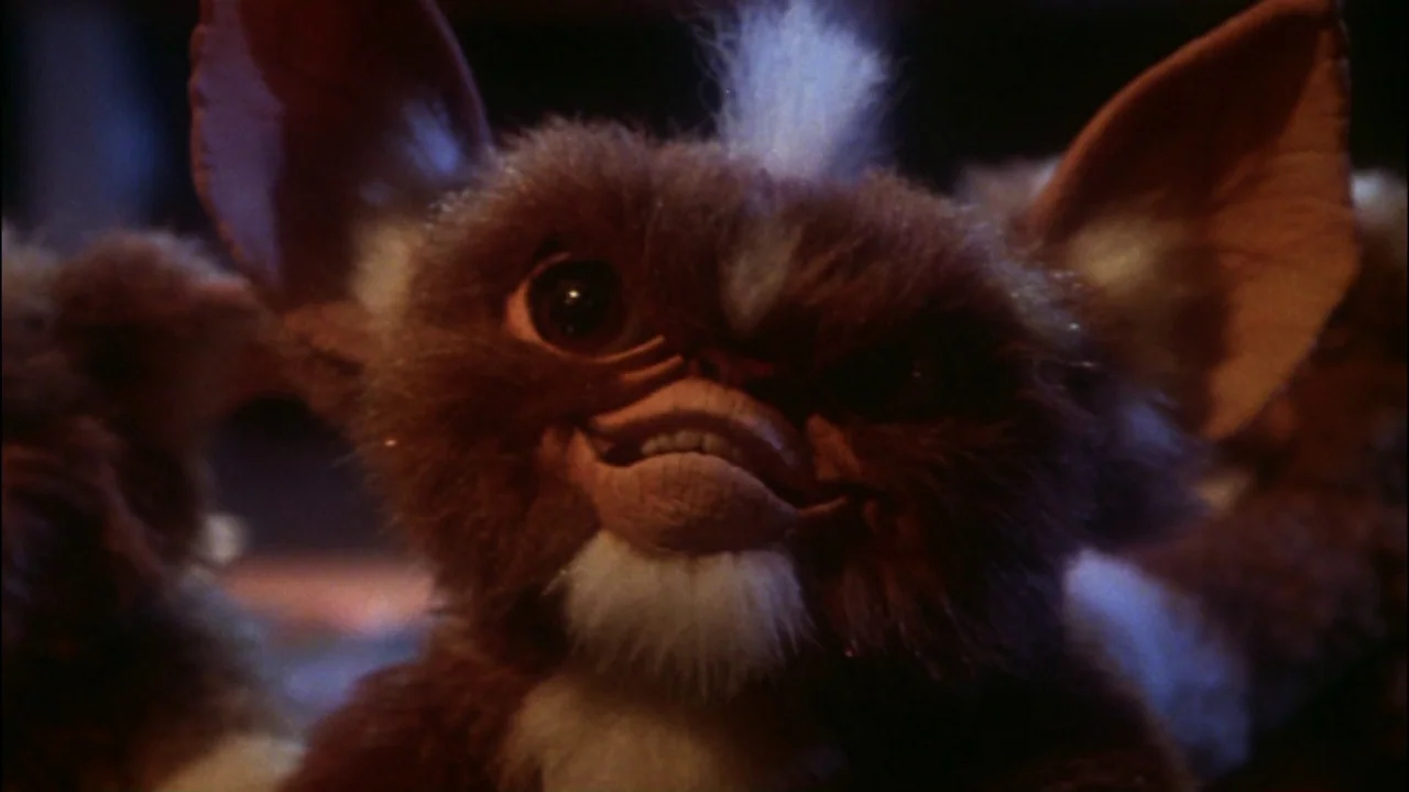 Gremlins (1984) movie still: closeup — A furry creature with large ears sits in a dark, shadow-filled environment. The subject gazes directly…