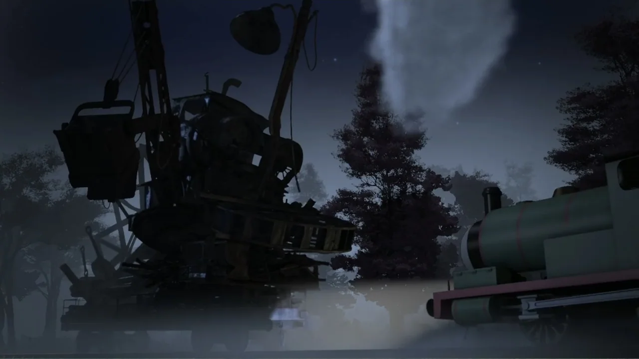 Thomas & Friends: Tale of the Brave (2014) movie still: wide — A dark outdoor area features a large, rusted crane mechanism positioned beside train…