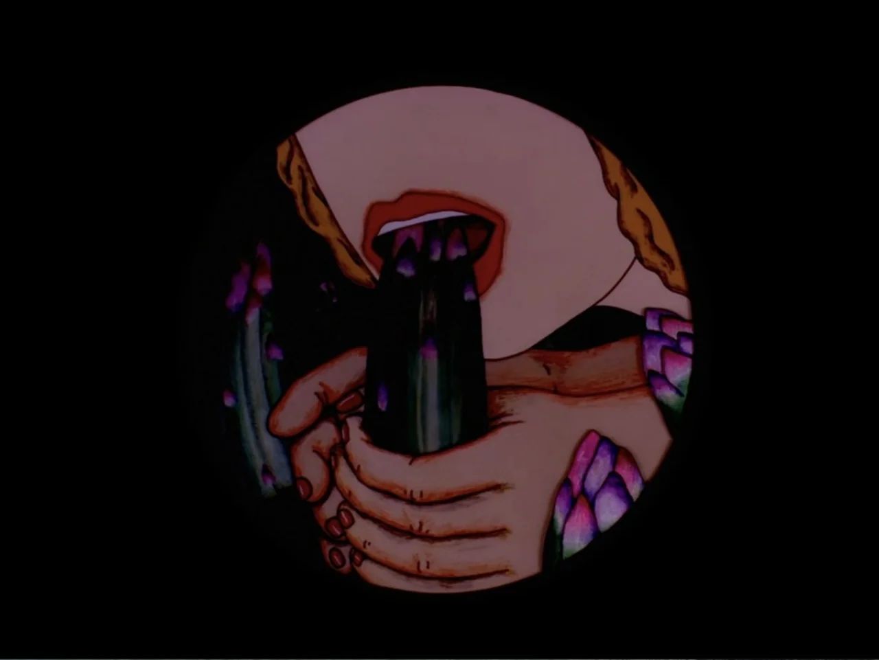 Asparagus (2007) movie still: closeup — An animated circular frame depicts a person holding a dark green vegetable against black. The person brings…