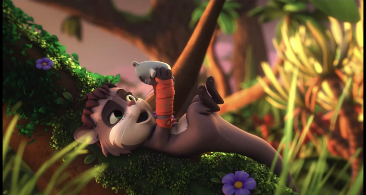 The Wishmas Tree (2020) movie still: medium — A stylized animated creature rests on a large mossy branch in a dense jungle. The creature holds a…