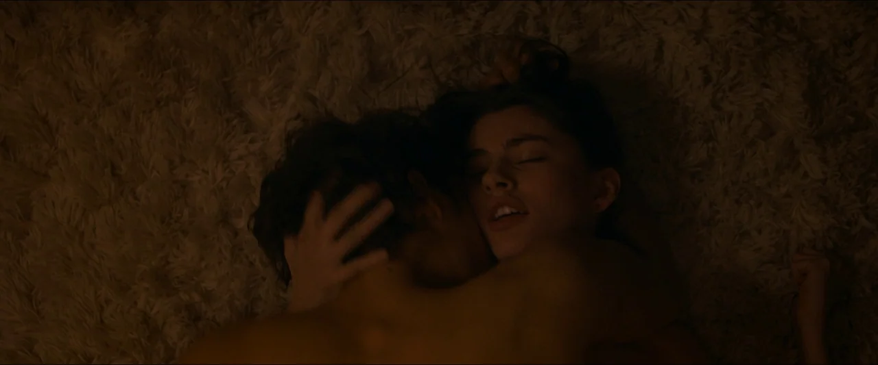 Birds of Paradise (2021) movie still: closeup — A man and a woman are shown in a close embrace on a shaggy rug. The warm-toned shot captures the…