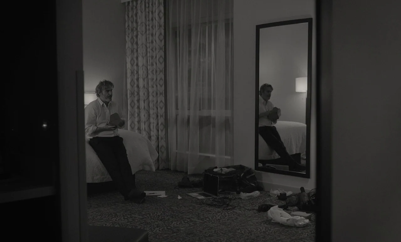 C’mon C’mon (2021) movie still: wide — A dimly lit hotel room features a rumpled bed and cluttered floor luggage. A man sits on the side of the…