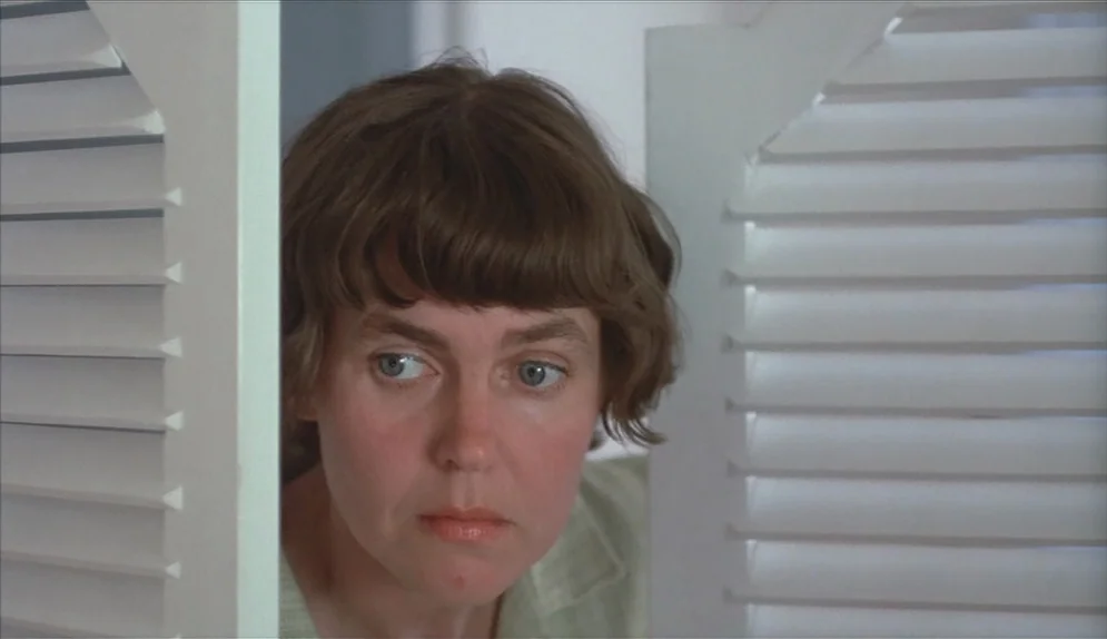 A Swedish Love Story (1970) movie still: closeup — A woman looks through a narrow opening between two white louvered wooden doors. She stands behind…