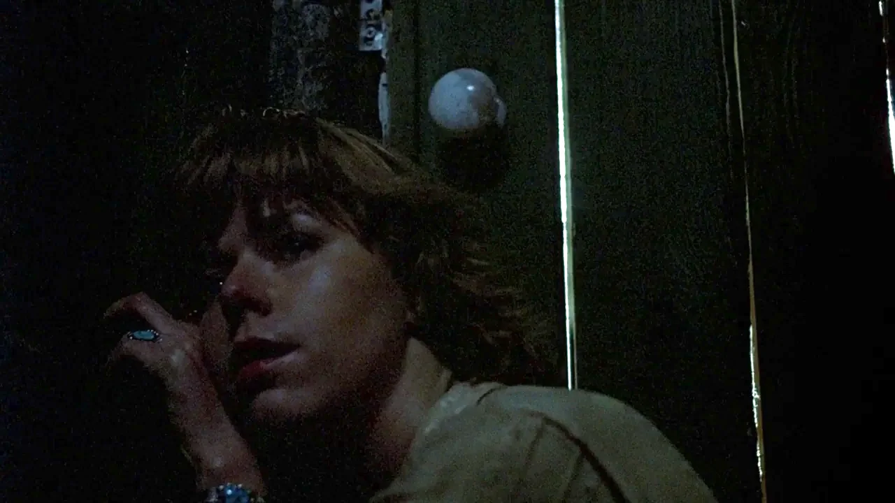 Friday the 13th (1980) movie still: closeup — A dark, wood-paneled room interior is illuminated only by a thin vertical light streak. A woman looks…