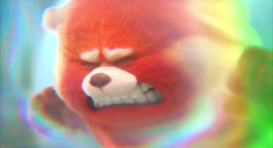 Turning Red (2022) movie still: closeup — An abstract, color-distorted space frames a close-up of a furry red character. The subject has its mouth…