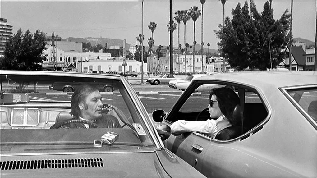 The State of Things (1982) movie still: medium — A sunny parking lot in Los Angeles with palm trees and distant hills visible. A man in a…