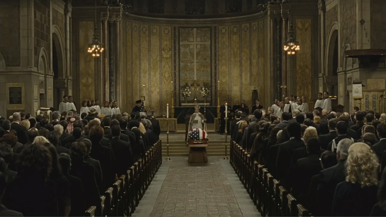 Salt (2010) movie still: wide — A spacious stone church interior features high vaulted ceilings and detailed marble wall paneling. Rows of mourners…