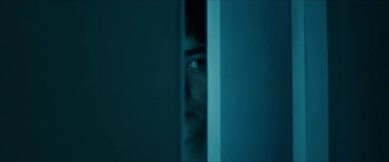 Double Blind (2023) movie still: closeup — A person looks through a narrow opening between two dark interior doors. Only one eye and part of the…