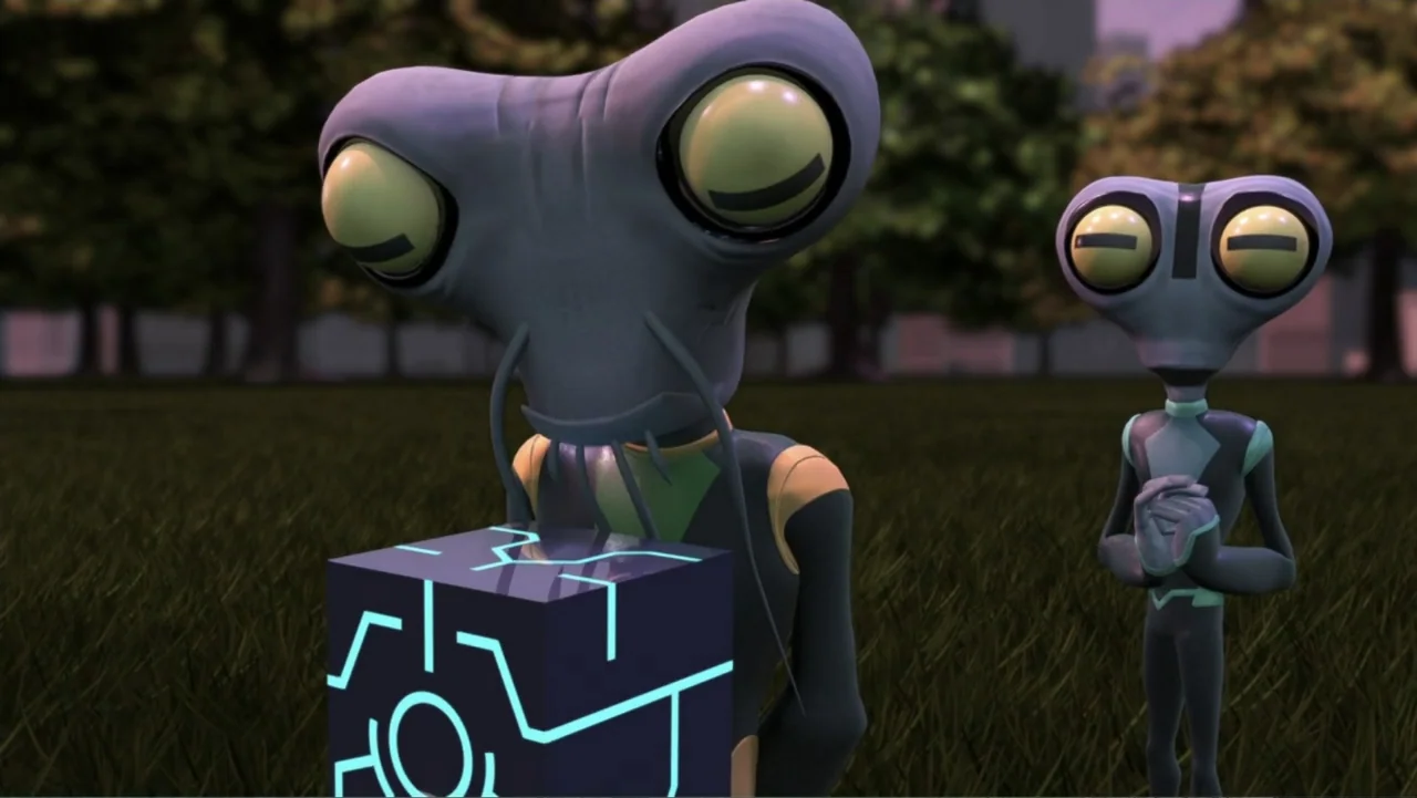 Ben 10: Destroy All Aliens (2012) movie still: medium — A grassy park area with trees in the background during the late evening. Two grey,…