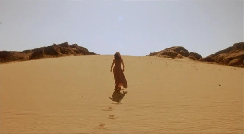 Dust Devil (1992) movie still: wide — A vast expanse of golden sand dunes stretches toward distant, weathered rock formations. A single woman in a…
