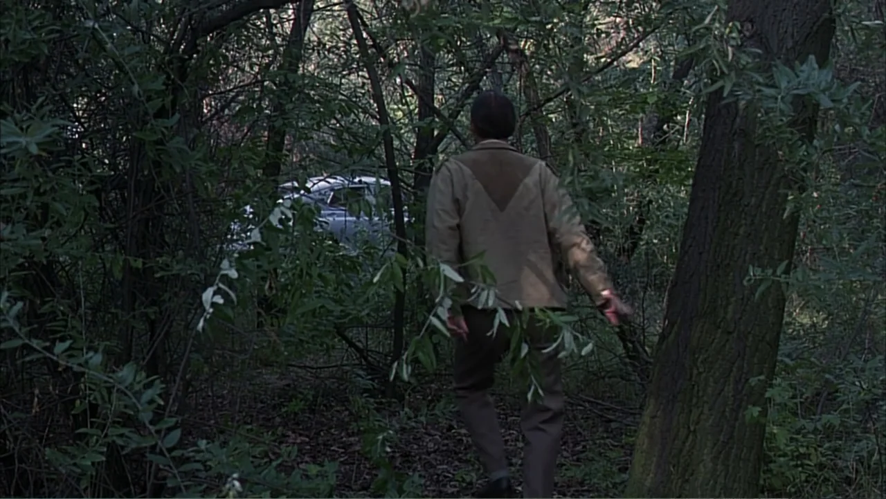 Citizen X (1995) movie still: fullbody — A dense patch of overgrown trees and shrubs fills the frame. A man walks away from the camera through the…