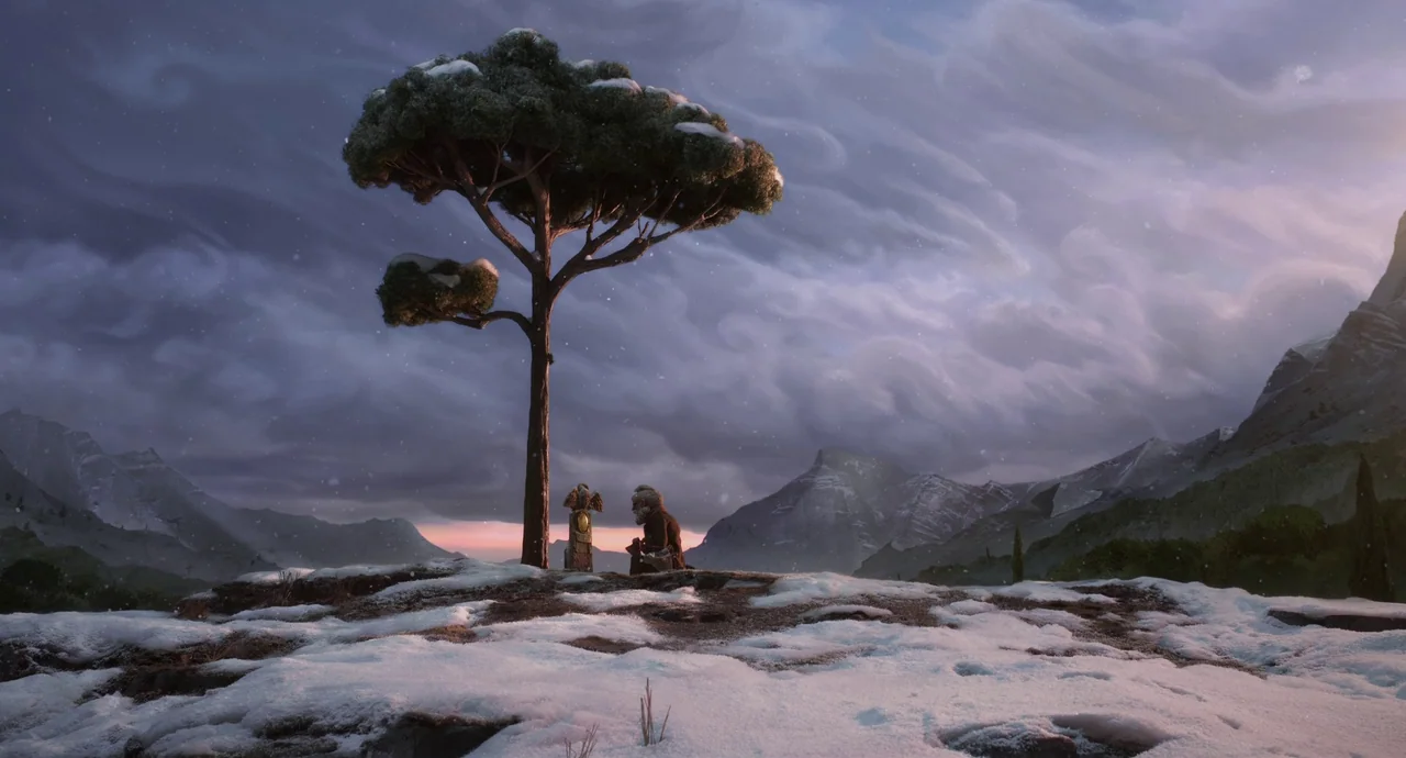 Guillermo del Toro’s Pinocchio (2022) movie still: wide — A snow-covered mountain ridge features a solitary, wind-swept tree and a small stone…