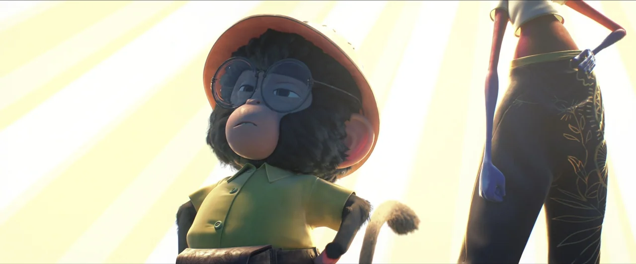 Around the World in 80 Days (2021) movie still: medium — A low-angle shot features a small cartoon monkey in a yellow shirt standing outside. A…