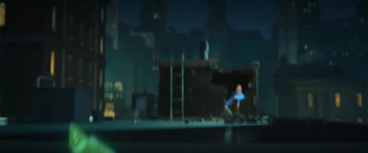 DC League of Super-Pets (2022) movie still: wide — A dark city rooftop at night features a brick structure with a metal ladder. A single figure in a…