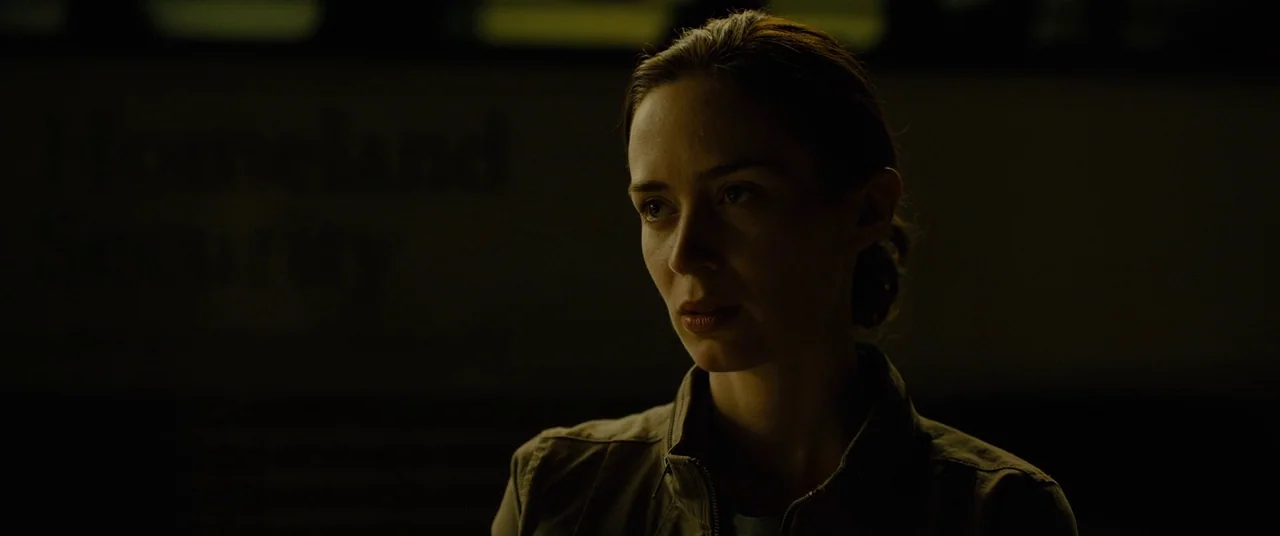 Sicario (2015) movie still: closeup — A woman stands in a dimly lit, professional environment with dark shadows behind her. She faces forward with a…