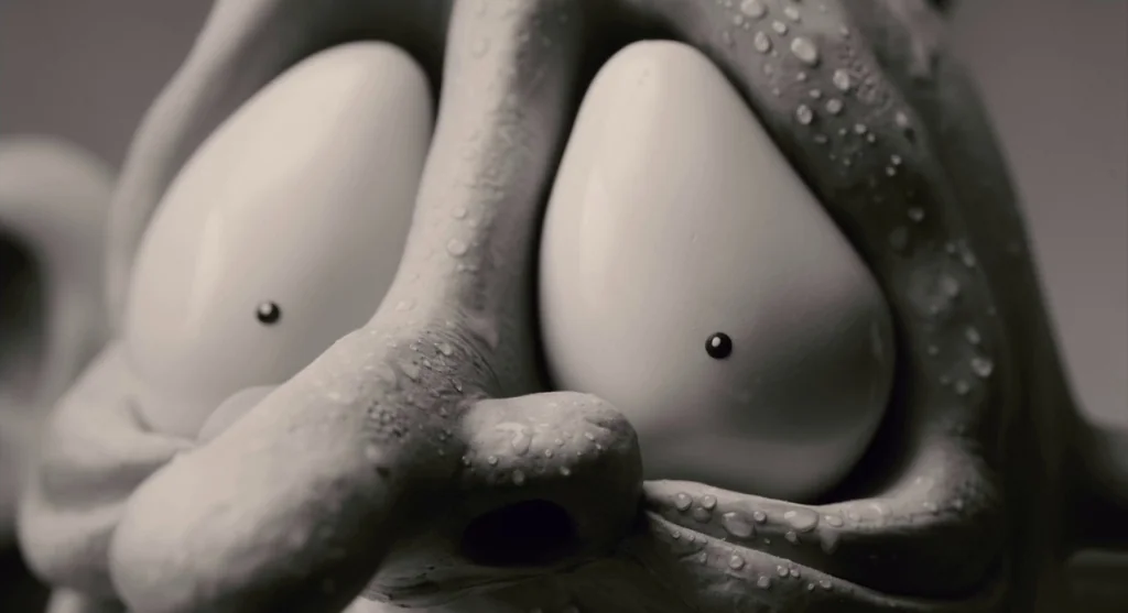 Mary & Max (2009) movie still: closeup — A close-up of a clay-like creature face featuring large, glossy white eyes. Water droplets cling to the…
