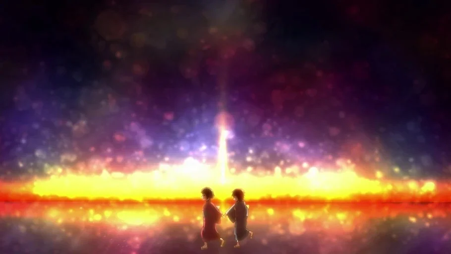 Jujutsu Kaisen (2020) movie still: wide — Two children walk across a still, reflective surface under a dark, starry sky. A bright horizontal golden…
