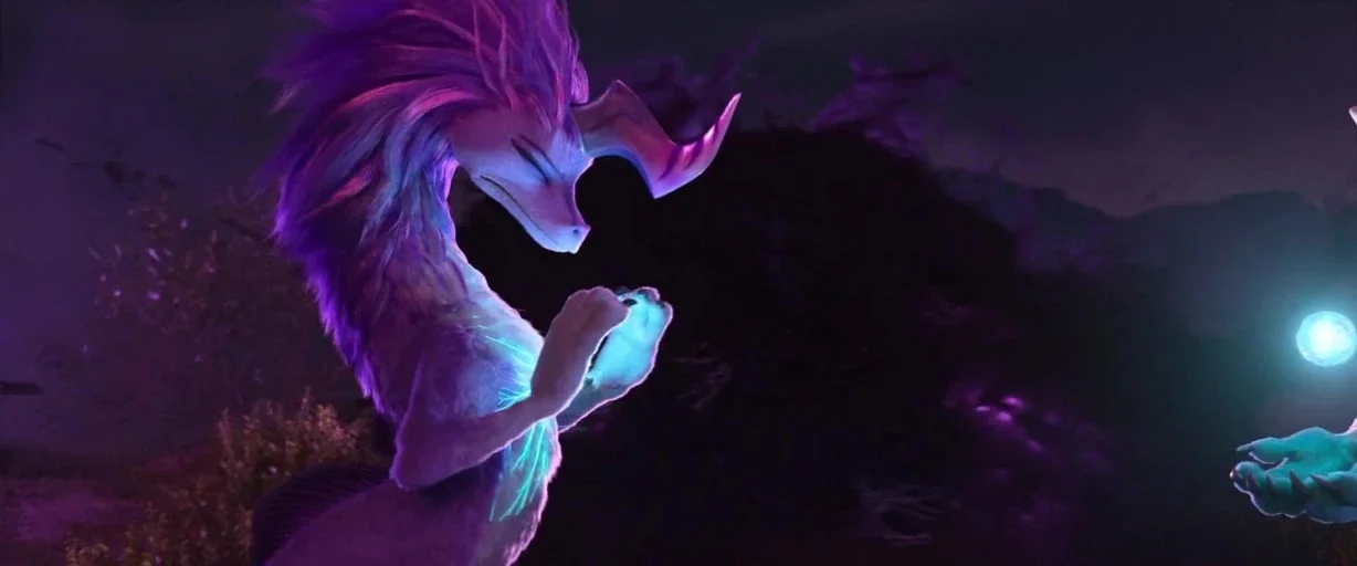 Raya and the Last Dragon (2021) movie still: medium — A dark, purple-hued landscape at night serves as the backdrop for two mythical creatures. One…