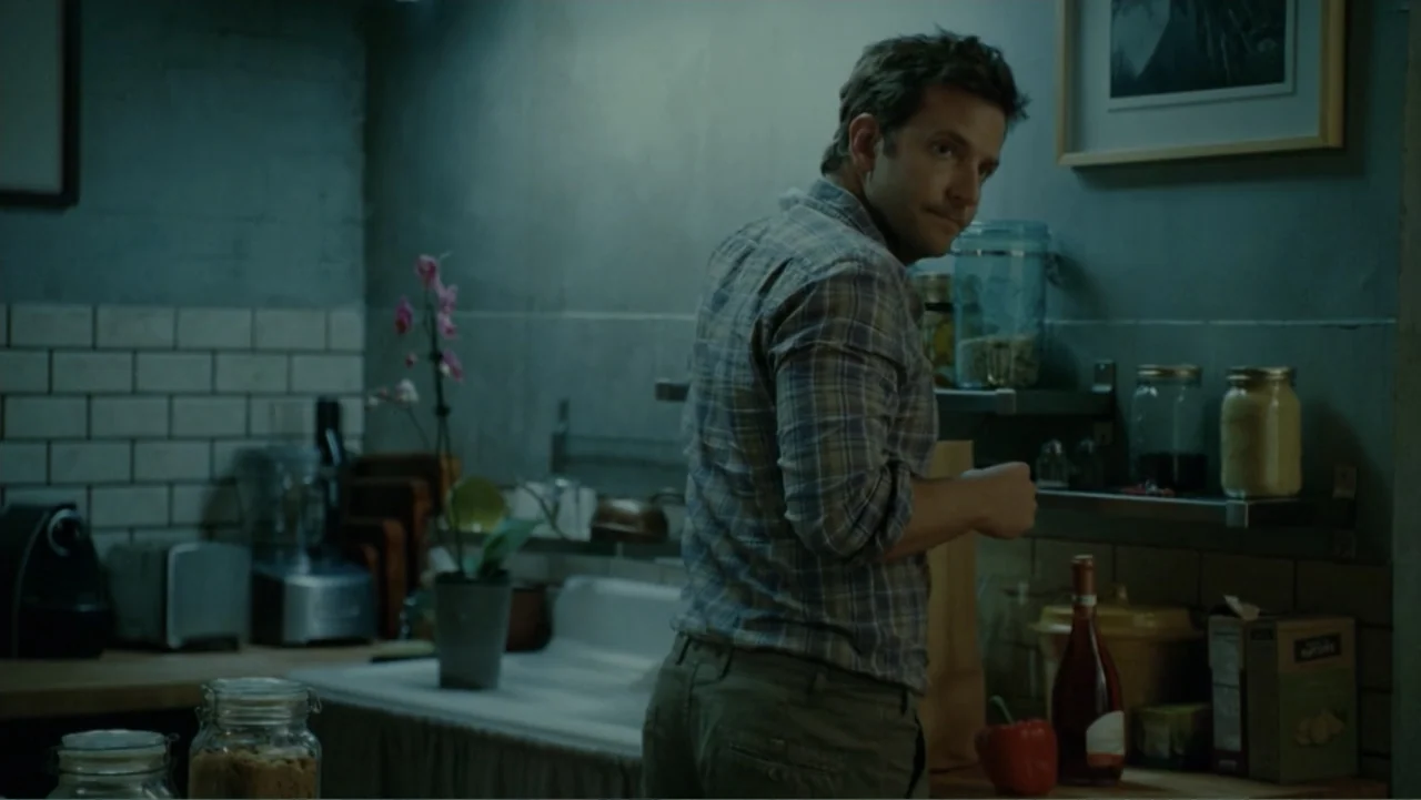 The Words (2012) movie still: medium — A dimly lit kitchen with tiled backsplashes and various glass jars on metal shelves. A man turns his head to…