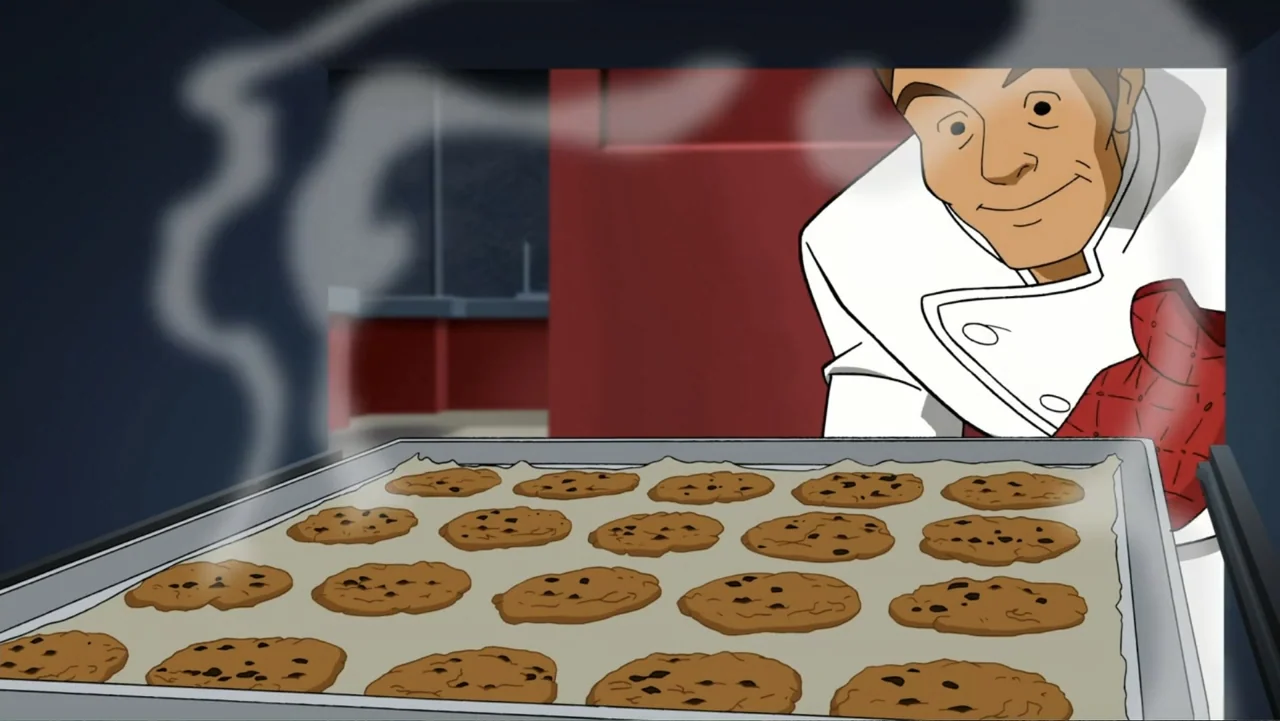 Scooby-Doo! and the Gourmet Ghost (2018) movie still: medium — A cartoon kitchen shows an oven interior with a tray of fresh baked cookies. A baker…