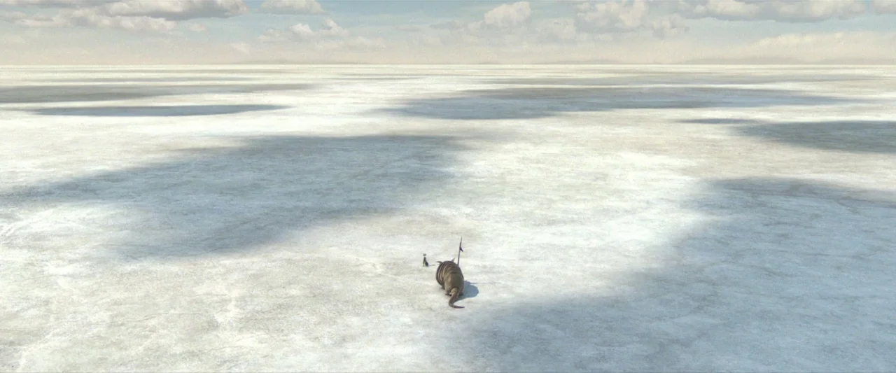 Rango (2011) movie still: wide — A vast, flat white expanse stretches to the distant horizon under a cloudy sky. A small bipedal figure and a large,…