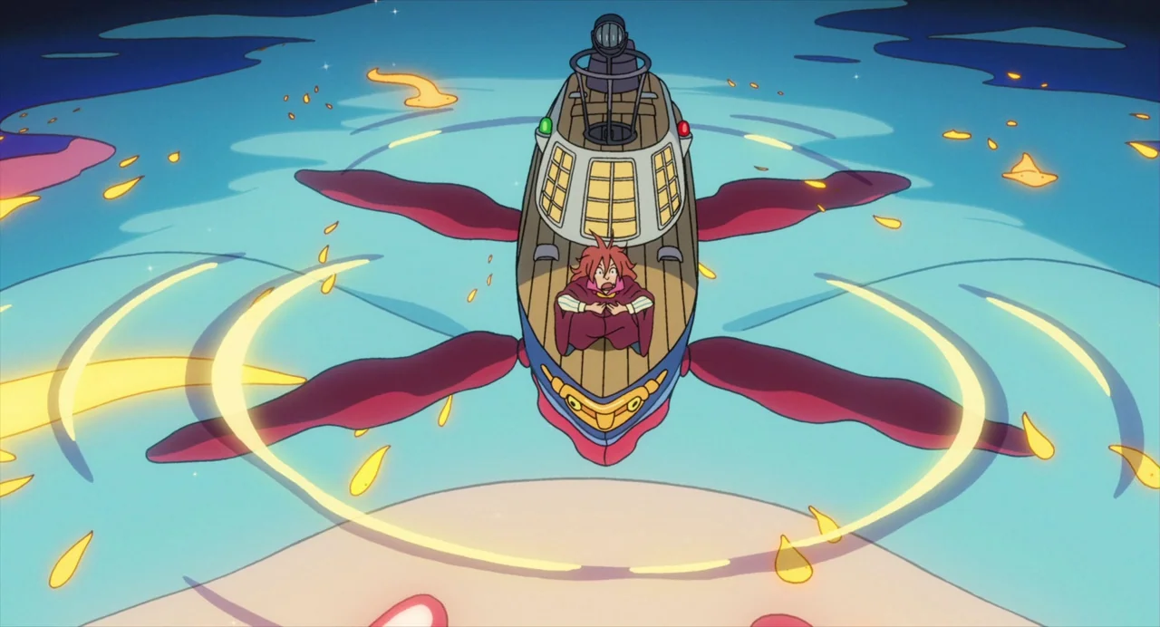 Ponyo (2008) movie still: wide — A bizarre mechanical ship with organic appendages floats on a bioluminescent blue sea. A young man sits on the…