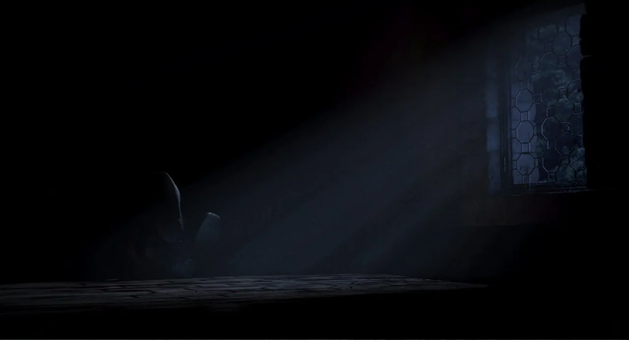 Shrek 2 (2004) movie still: wide — A dimly lit room with rough stone walls features a single leaded glass window. A lone figure sits in the shadows…