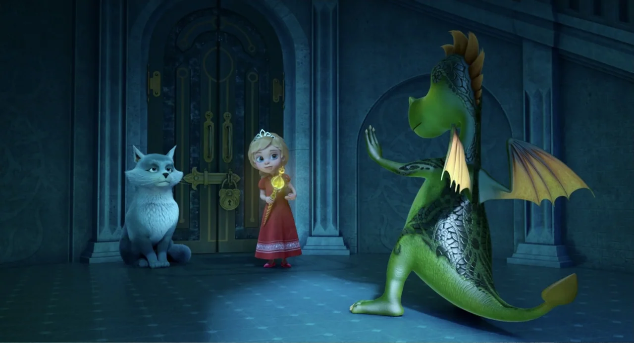 The Princess and the Dragon (2018) movie still: medium — A stone castle interior features a large wooden door secured with a decorative golden lock.…