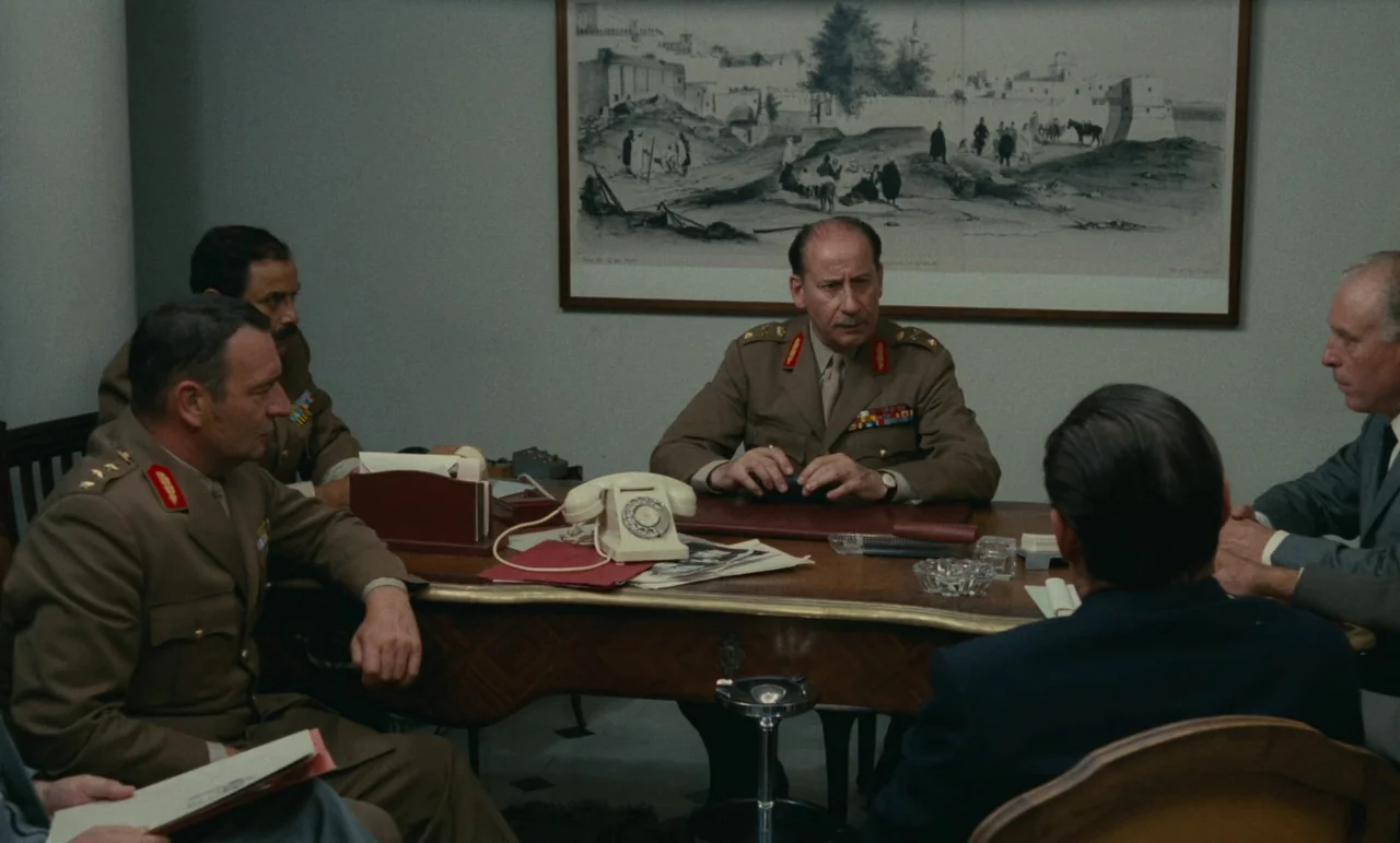 Z (1969) movie still: medium — A stark room features pale walls and a large, framed charcoal landscape print. Five men in military and business…