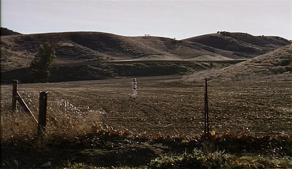 Safe movie still: wide — A vast, plowed brown field is surrounded by rolling hills under a bright sky. A solitary figure wearing light-colored…