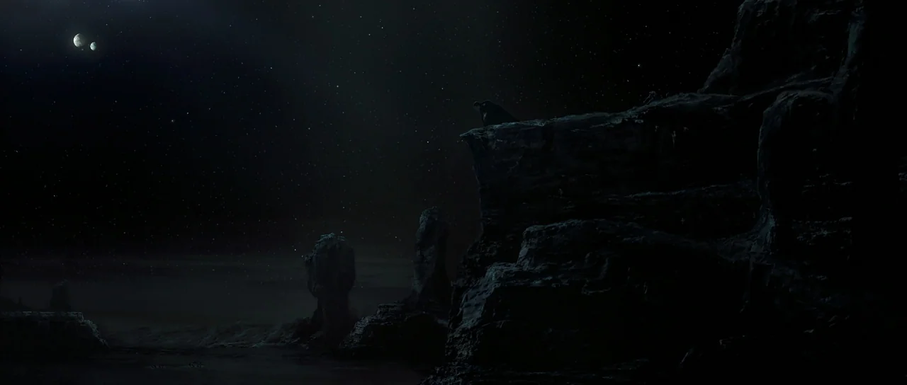 Star Wars: Episode II – Attack of the Clones (2002) movie still: wide — A dark, jagged alien landscape features prominent rock formations under a…