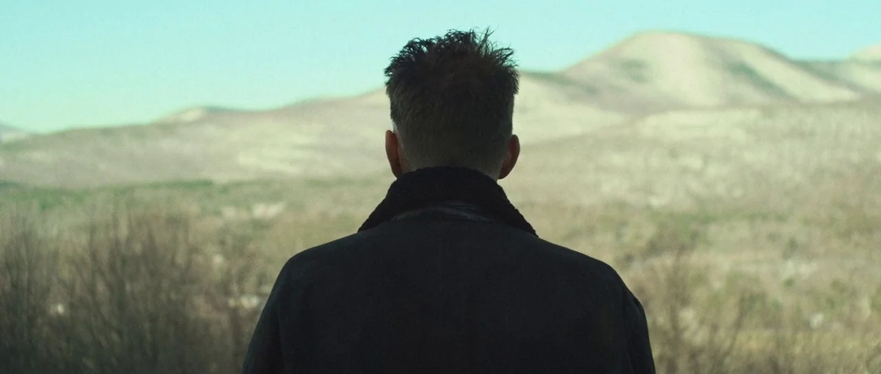 Depraved (2019) movie still: medium — A man stands outdoors facing a series of rolling, dry, scrub-covered mountains. He is silhouetted against the…