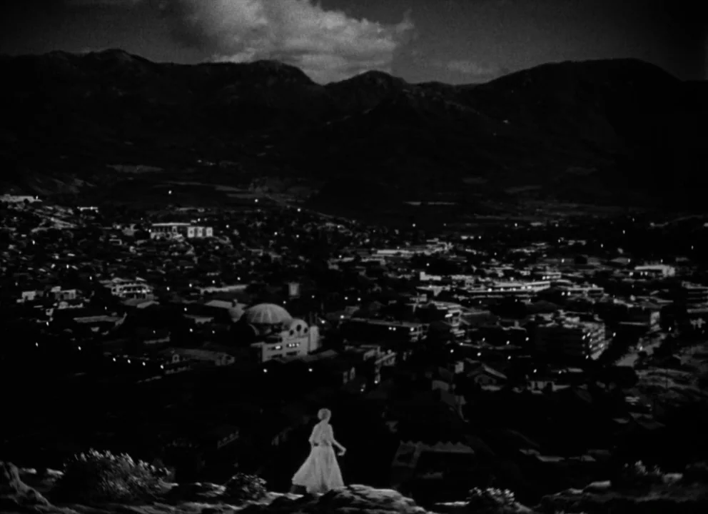 The Lady from Shanghai (1947) movie still: wide — A dark mountainous landscape overlooks a town illuminated by scattered street lights at night. A…