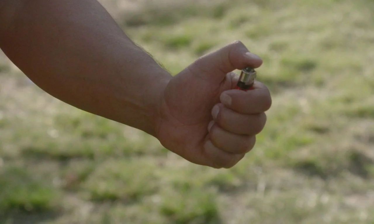 Ham on Rye (2019) movie still: closeup — A close-up of a human hand holding a small red disposable lighter outdoors. The background is a soft-focus…