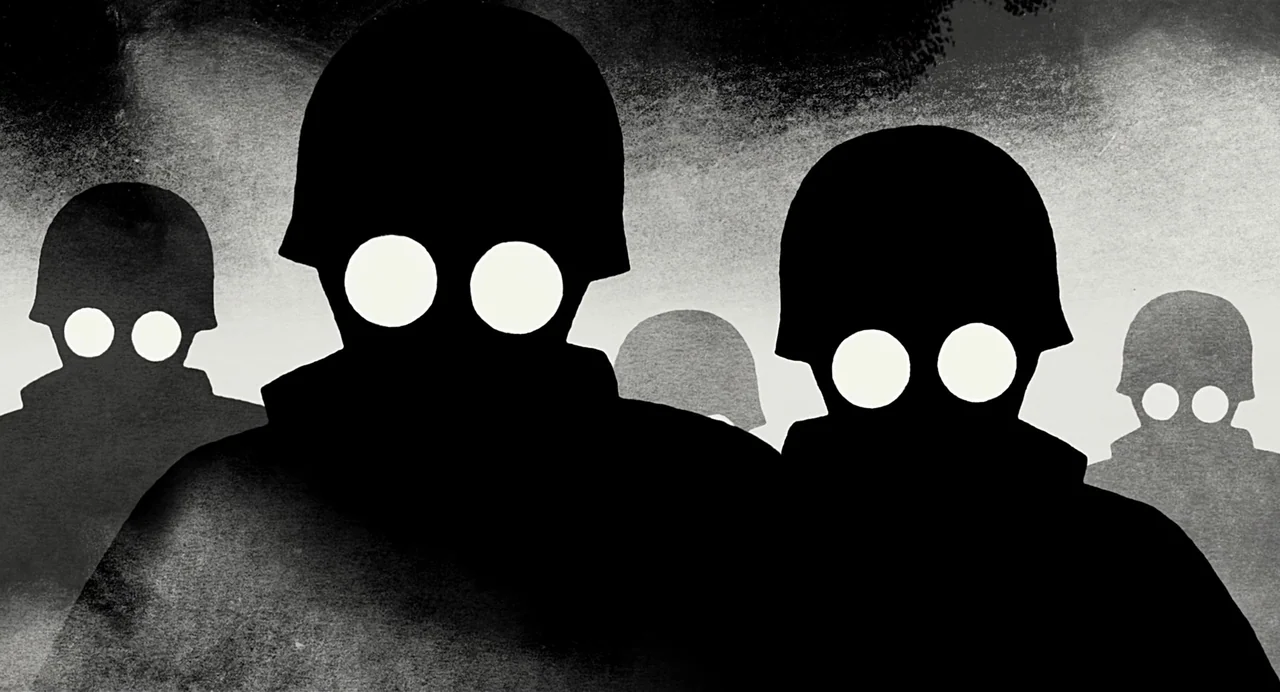 Persepolis (2007) movie still: medium — A group of soldiers stand against a textured, light gray gradient background. The figures are rendered…