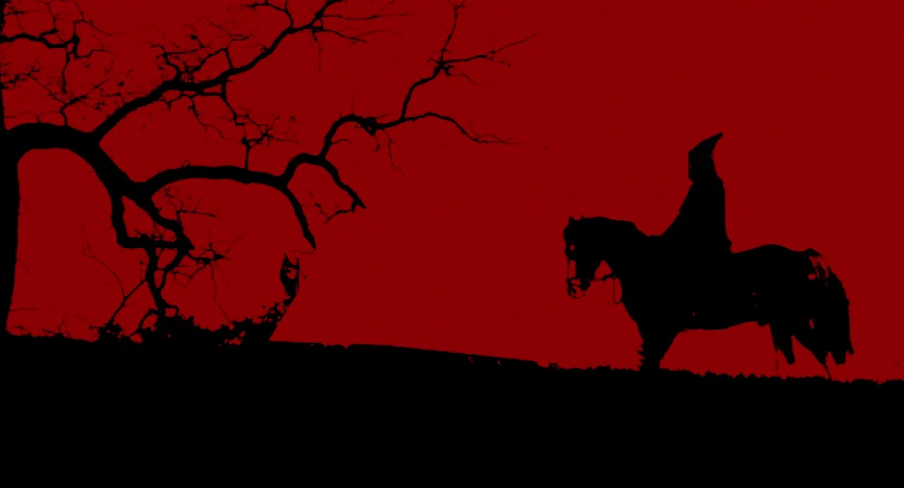 Berberian Sound Studio (2012) movie still: wide — A dark, silhouetted horse and rider stand in a desolate field under a stark crimson sky. A bare,…