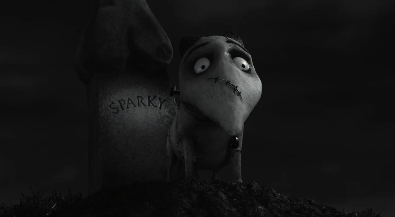 Frankenweenie (2012) movie still: medium — A desolate night scene features a small dirt grave mound. A stitched-together dog stands next to a…