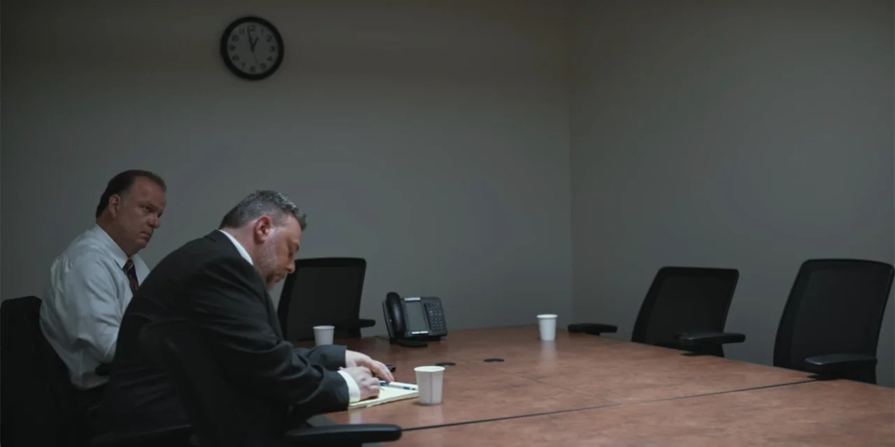 Equal Standard (2021) movie still: medium — A minimalist conference room features a long table, ergonomic chairs, and a wall clock. Two men sit at…