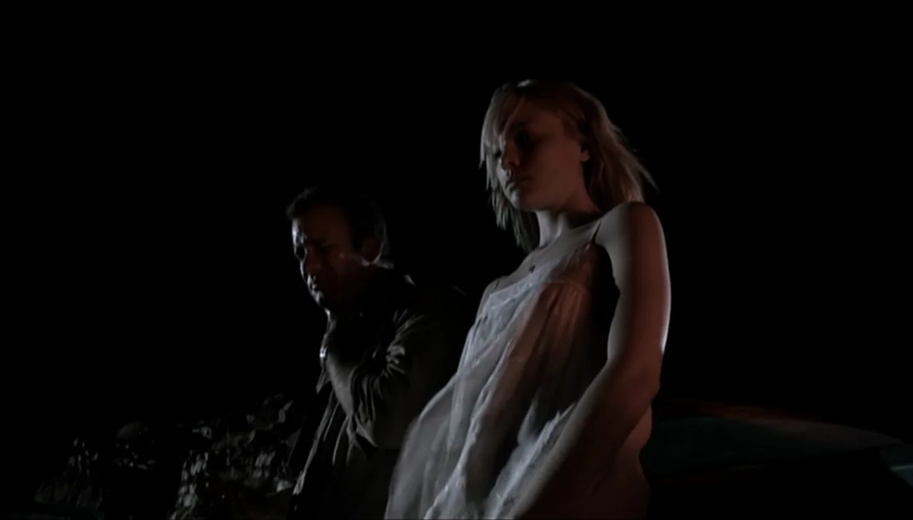 Dark Country (2009) movie still: medium — A dark, empty desert setting at night with no other visible features. A man and a woman stand together…