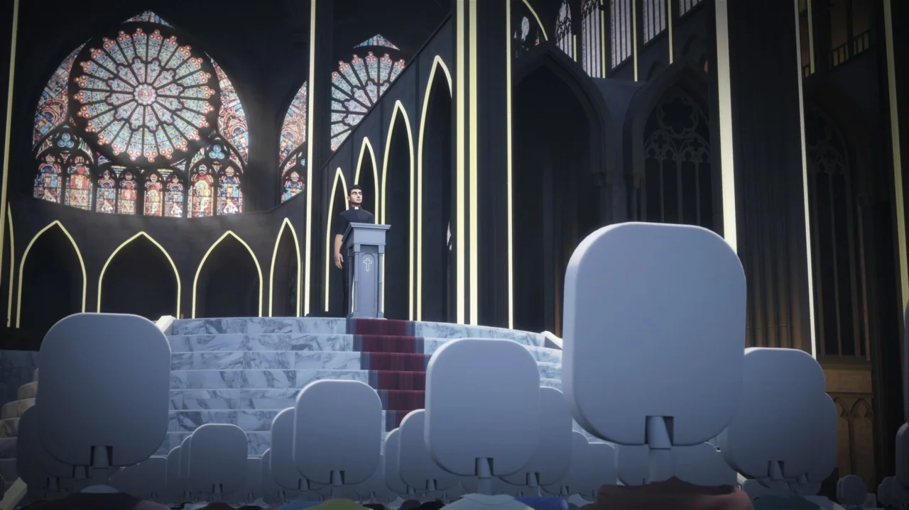 Resurrected (2023) movie still: wide — A stylized cathedral interior features a marble dais with a central red carpet runner. A man in a dark cleric…