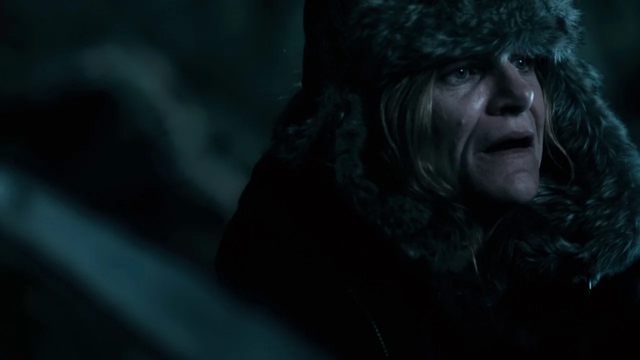Winter’s Bone (2010) movie still: closeup — A person stands in a dark, cold outdoor environment at night. The subject turns their head with a…