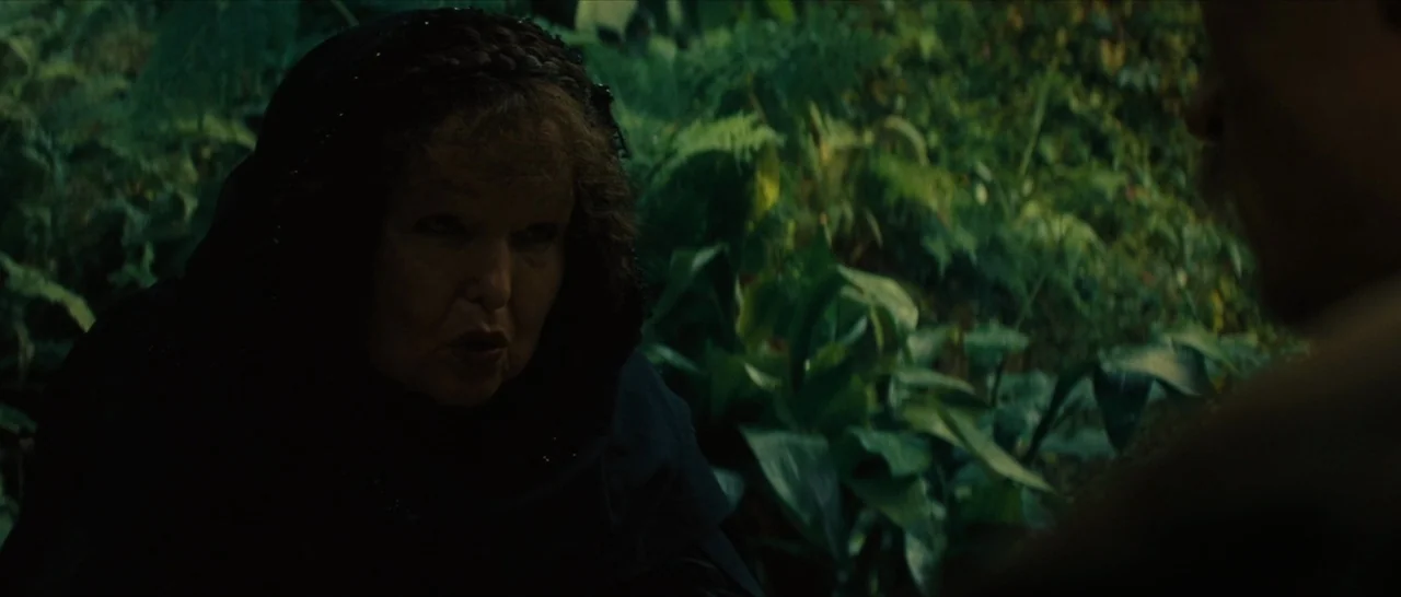 The Lost City of Z (2016) movie still: closeup — A dark, dense jungle with thick foliage surrounds an older woman in a hood. The woman faces toward…